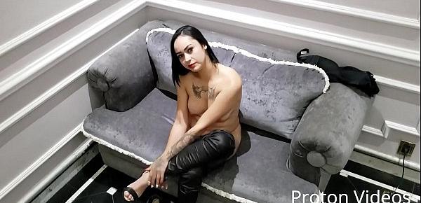  Brazilian petite Pornstar Caroline Moraes dressing off during job interview